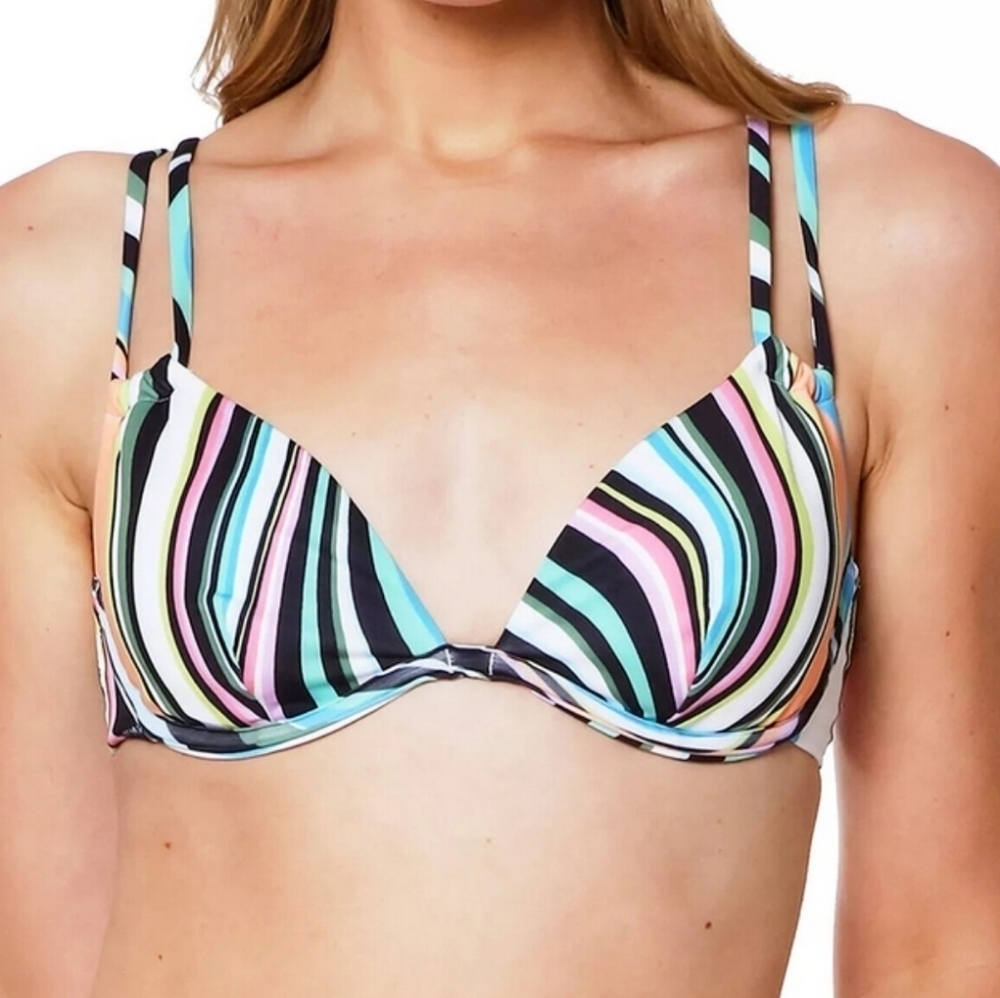 NWT Sanctuary Women Wavy Double StrapColorful Striped Bikini Top Swim Sz L